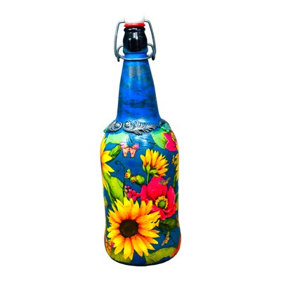 Hand Painted Decoupaged and Molded Clay Grolsch Style Glass Bottle Poppy and Sunflowers 12 in x 4 in - image6